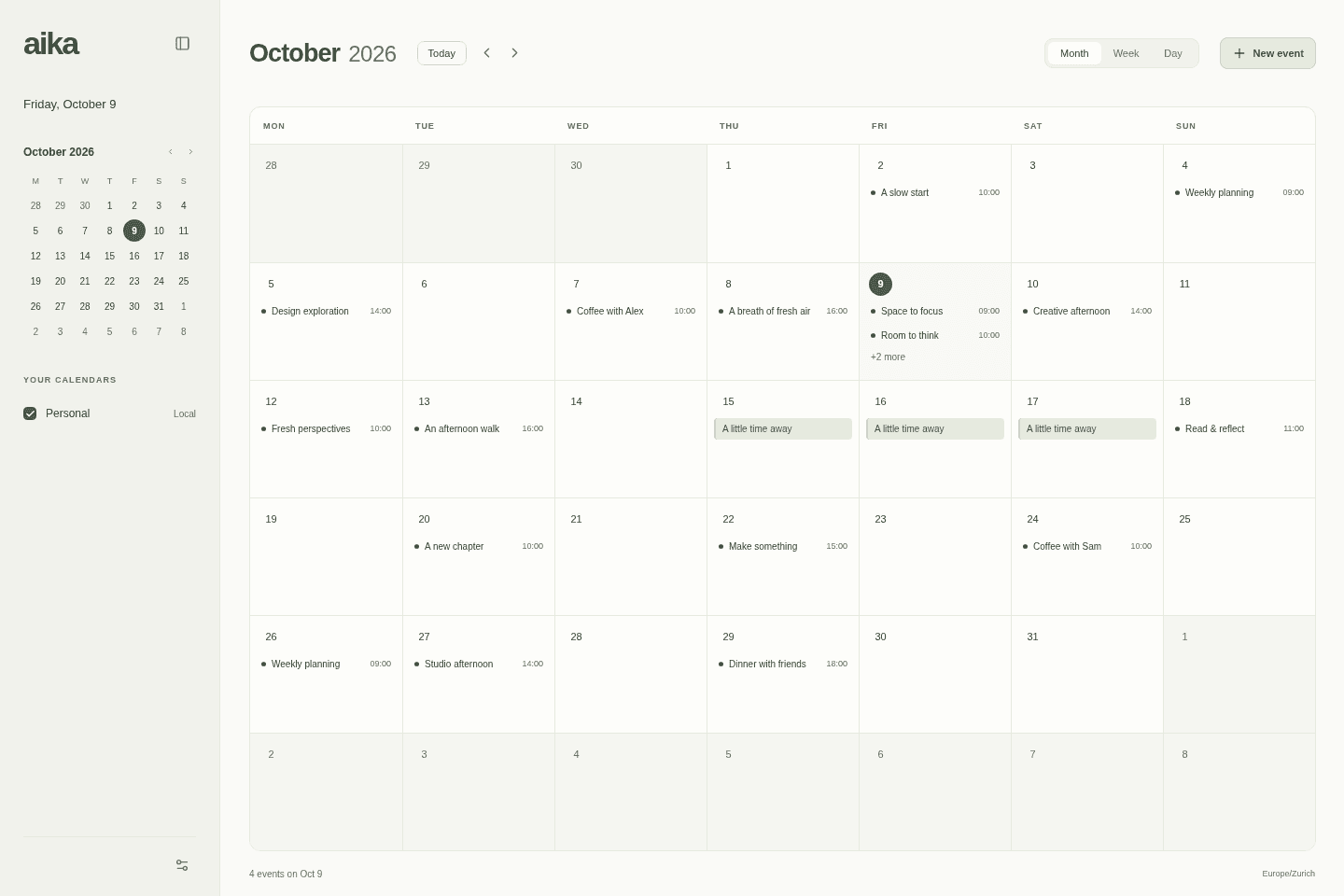 aika desktop calendar showing its month view and calendar sidebar